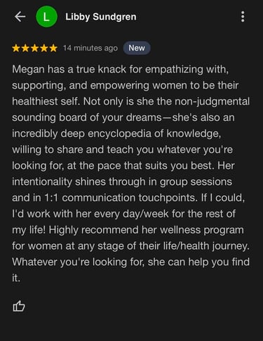 Excellent review for Megan Swan Wellness Coaching.