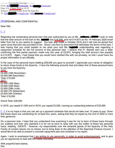 Лист Кенета Новаковського до владики Гліба Лончини відносно грошей що Гліб і Микола крали з Церкви .