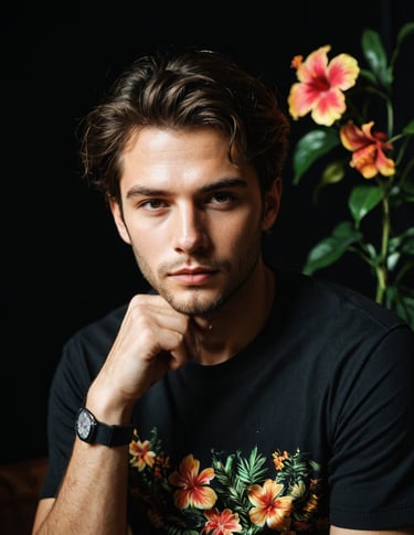 A man sitting down wearing a black and floral t-shirt