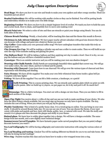 a list of classes offered in July with a description of the class