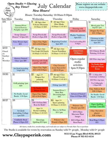 July calendar of art and craft classes