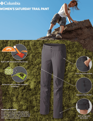 Woman smiling on a scenic overlook in Columbia Saturday Trail II Knee Pants, convertible to capris 