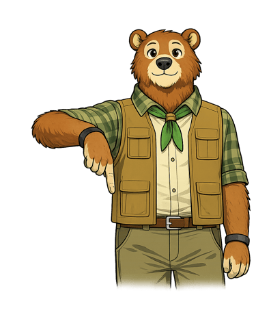 A bear scout leader pointing downward with one hand to indicate a hazard on the trail.