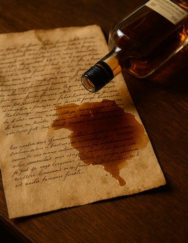 une bouteille de wiskey coule sur une feuille