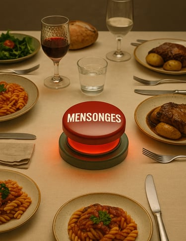 un bouton mensonges au milieu d'une table