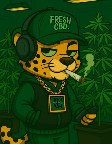  Ilustración de mascota Fresh CBD con planta de cannabis y cigarro