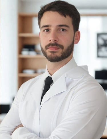 Dr. Gabriel Benevides, cirurgião de quadril, vestindo jaleco em seu consultório particular na região