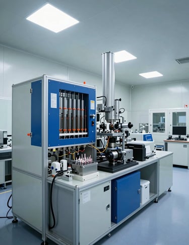 A professional wide-angle shot of a clean, high-tech semiconductor fabrication room with sterile lighting and Deep Blue accents on the equipment, Global / Industrial.