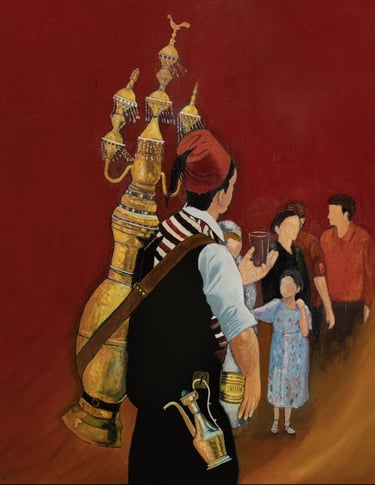 Oil painting of a Lebanese serving tea by Taala Artist Lebanese contemporary painter Myriam Kayali