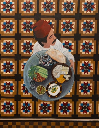 painting of a man in red fez carrying Arabic breakfast tray mosaic tiles by lebanese artist