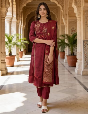 Poly Viscose Embroidered A-Line Calf Length Kurta and Pant with Dupatta - Pink