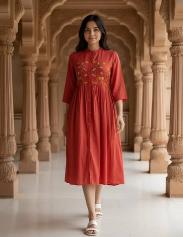 Rayon Embroidered Flared Calf Length Dress - Coral