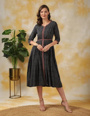 Rayon Printed Gown Calf Length Ethnic Dress With Belt - Grey