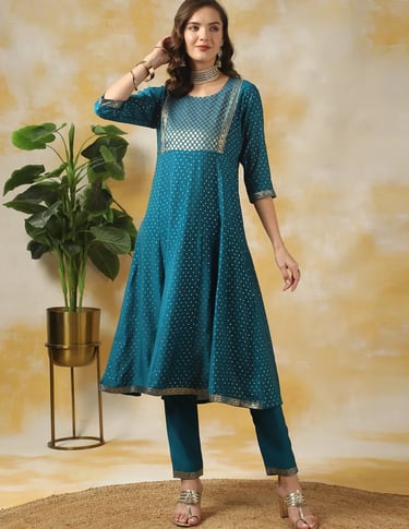 Silk Gold Printed Calf Length Anarkali Kurta With Pant - Blue
