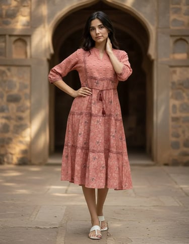 Viscose Poly Printed Flared Calf Length Dress - Pink