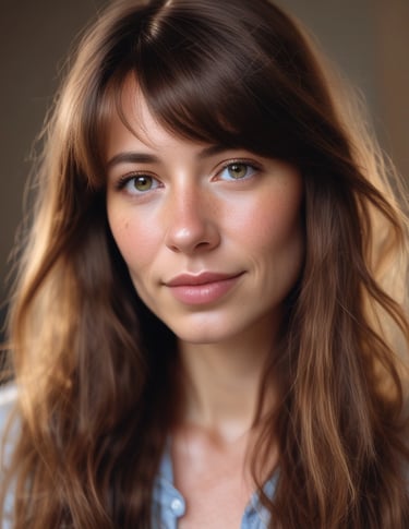 Photograph of a girl in her thirties with long hair.