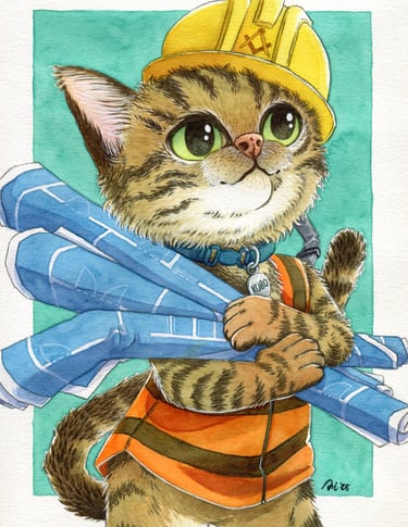 gato jugador de beisbol en acuarela tonos azul naranja amarillo