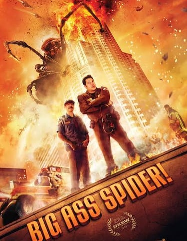 Movie poster for Big Ass Spider featuring two men standing before a giant spider attacking a city bu