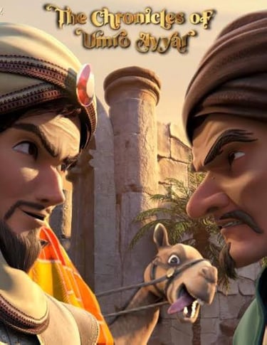 Animated movie poster for The Chronicles of Ummi Ayya featuring two men and a camel.