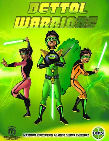 Dettol Warriors superhero characters in green and orange suits holding glowing swords to fight germs