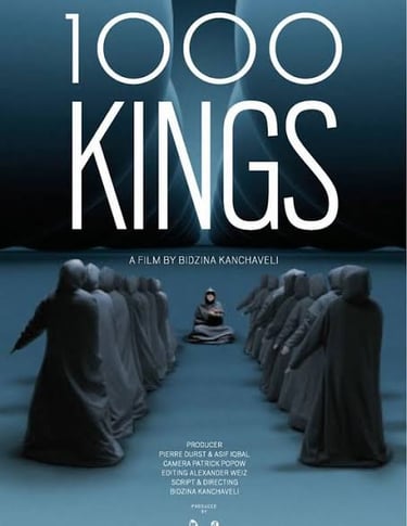 Movie poster for 1000 Kings by Bidzina Kanchaveli showing hooded figures in a symmetrical blue chamb