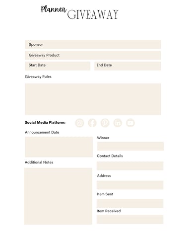 Printable planner giveaway tracker template with sections for rules and social media details.