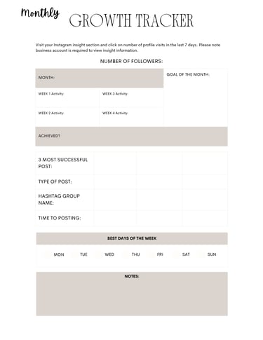Monthly social media growth tracker template for Instagram followers and engagement metrics.