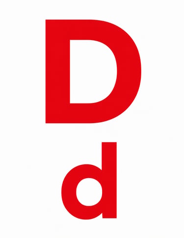 A bold uppercase and lowercase letter D in a bright red sans-serif font against a white background.