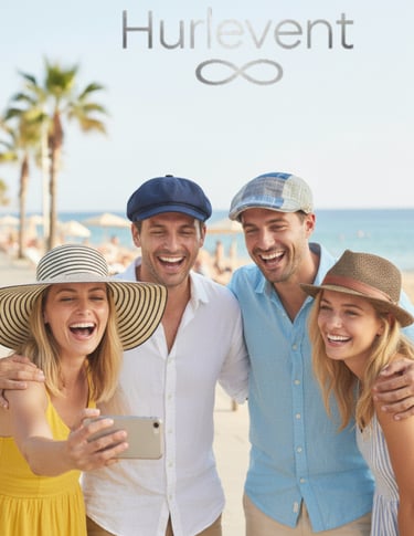 Happy friends wearing stylish Hurlevent summer hats taking a group selfie at the beach.