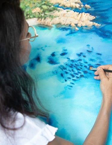 Peinture acrylique de la baie de Canella réalisée par l'artiste Dana