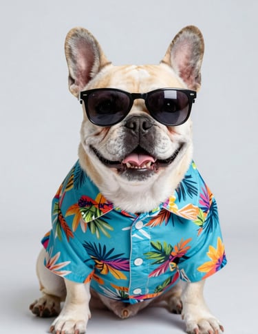 Bulldog francés con camisa hawaiana tropical colorida y lentes de sol oscuros