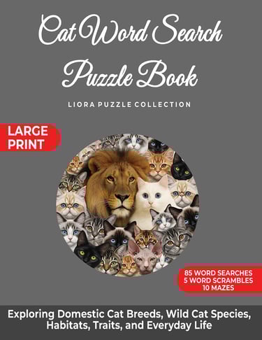 Cat Word Search Puzzle Book cover featuring cats and a lion.