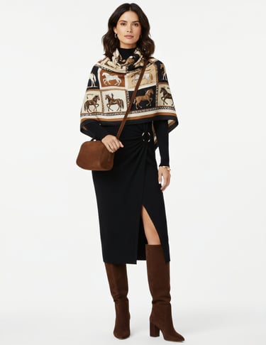 a woman in a black dress, handbag and boots 