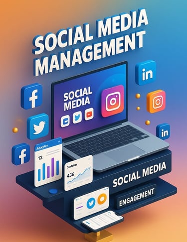 Social media management graphic showing laptop and social platform icons.