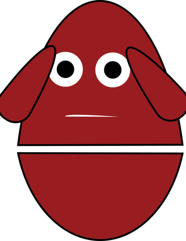 A red egg-shaped character graphic with wide white eyes and a neutral expression.