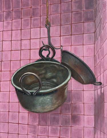 a painting of a old pots hanging from a roped hook on the ceiling in a Mexican pink-tiled kitchen
