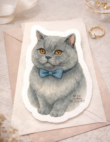 Watercolor grey British Shorthair cat sticker with a blue bowtie on a wedding invitation.