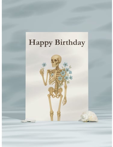 Gothic happy birthday card featuring a skeleton holding blue flowers on a minimalist aesthetic background.