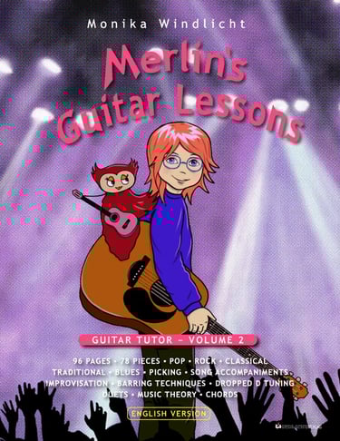 Cover of “Merlin’s Guitar Lessons – Book 2” by Monika Windlicht. Intermediate guitar method book for