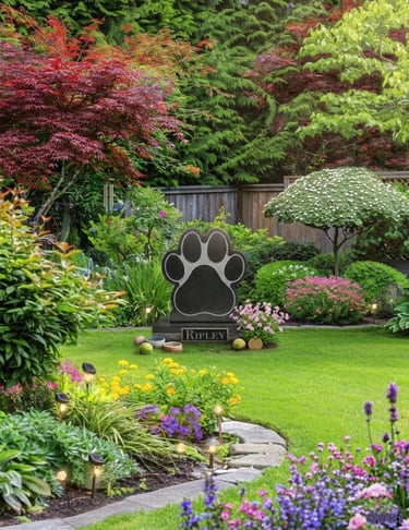 A green area with a paw print headstone