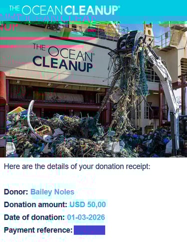 The Ocean Cleanup. Details of receipt: Donor: Bailey N. Amount: $50. Date: 1st March 2026