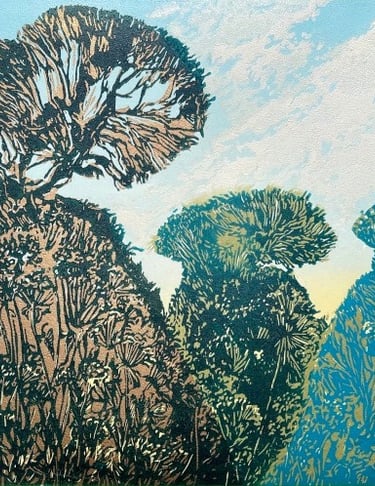 Linocut: Peacock Garden, Great Dixter