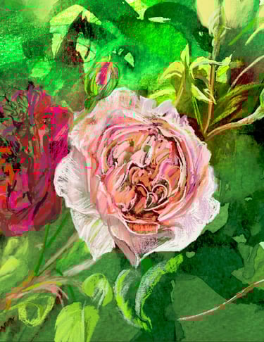 Rosa Munsted Wood and Wild Eve - digital drawing over watercolour
