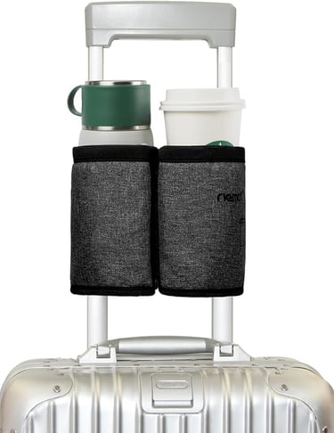a suitcase with a cup of coffee and a cup of coffee