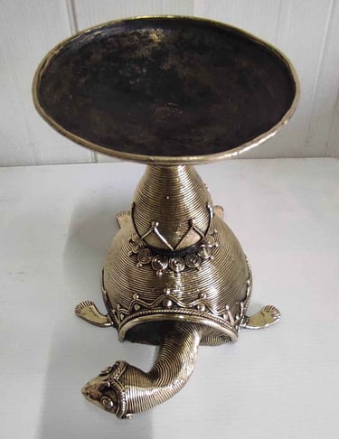 "Large designer brass turtle with carved light holder on back-Top view-Shipped worldwide