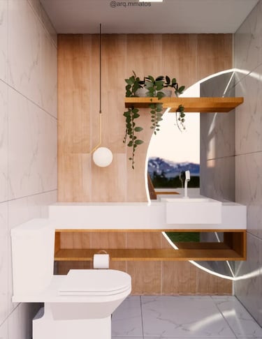 banheiro com espelho meia lua e bancada de quartzo