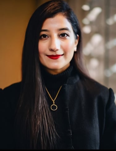 a woman with long hair and a necklace with a gold necklace - Maimoona Iqbal