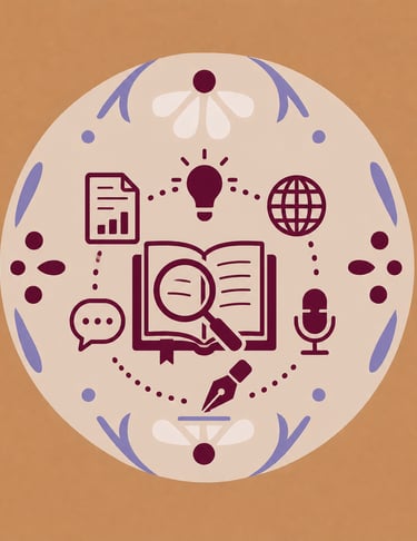 Flat design research icons featuring a book, magnifying glass, lightbulb, and globe in a circular frame.