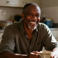 Casual photo of a middle-aged Black man smiling warmly, sitting at a kitchen table with a coffee mug.
