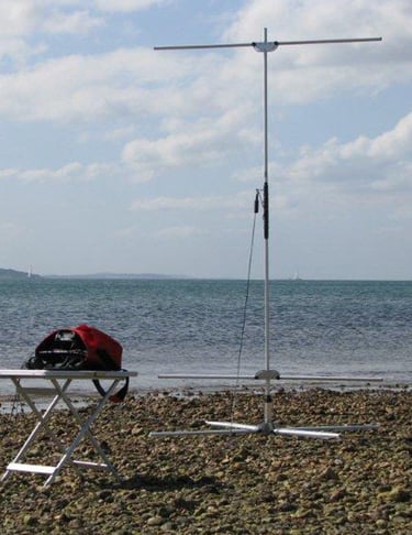 Pro Antennas I-Pro Traveller HF antenna set up on a stony beach